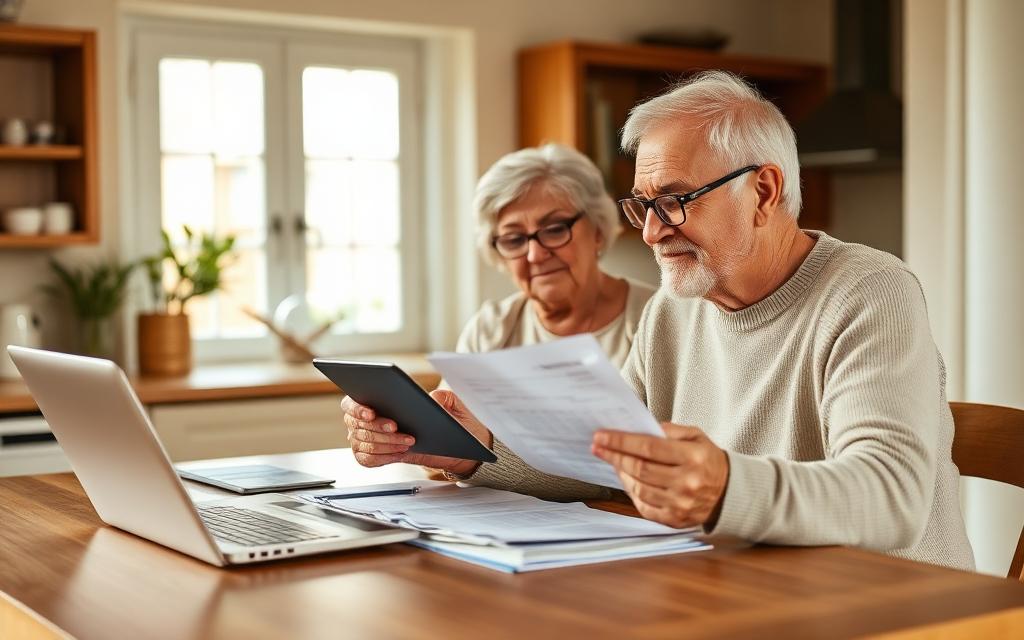 Senior couple reviewing paperwork and a laptop at their kitchen table
